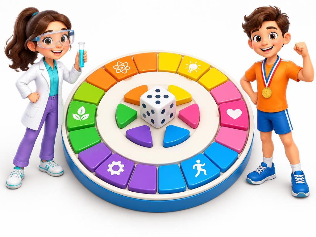 La Investigadora y el Atleta con el tablero de seis colores del Trivial de la Salud