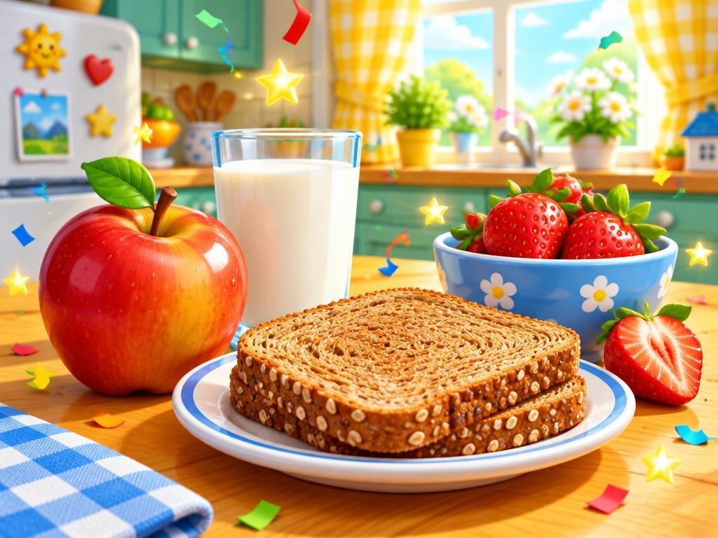 Mesa de desayuno con manzana, leche, tostada integral y fresas